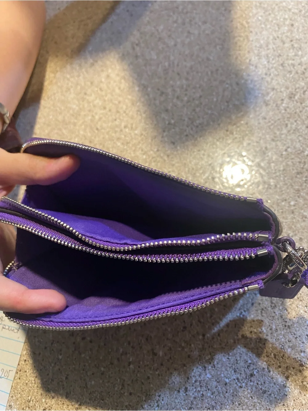 Coach Brown Signature Canvas Wristlet with Purple Trim
